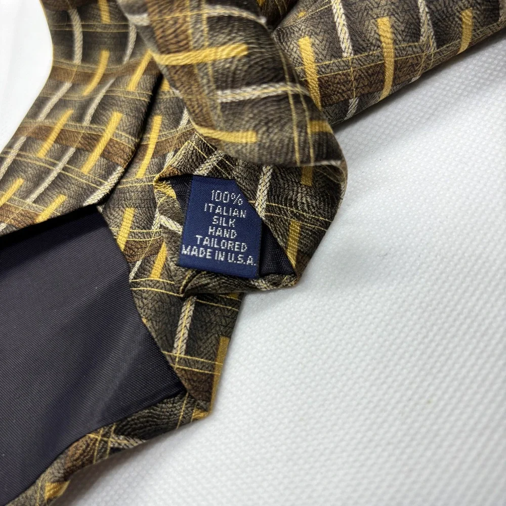 Paul Fredrick Necktie Mens Italian Silk Brown Gold Plaid Pattern Business Formal